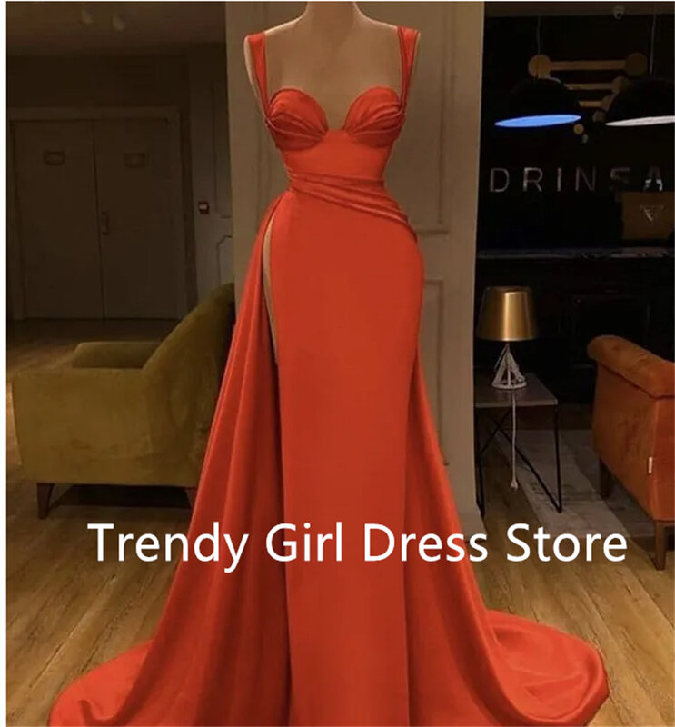 Vestido feminino de cetim com fenda lateral Ruched seda, Red Mermaid Prom Dresses, até o chão, sem mangas, sexy