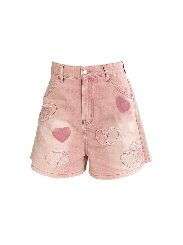 Women Pink Denim Shorts with Heart Y2k Jeans Short Pants Harajuku Vintage Hight Waist Cowboy Shorts 2000s Trashy Clothes Summer