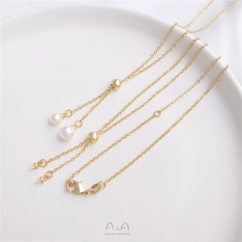 14K Gold Wrapped with Adhesive Beads Adjustable Double Hanging Half Hole Pearl Hollow Pendant Necklace DIY Minimalist B758