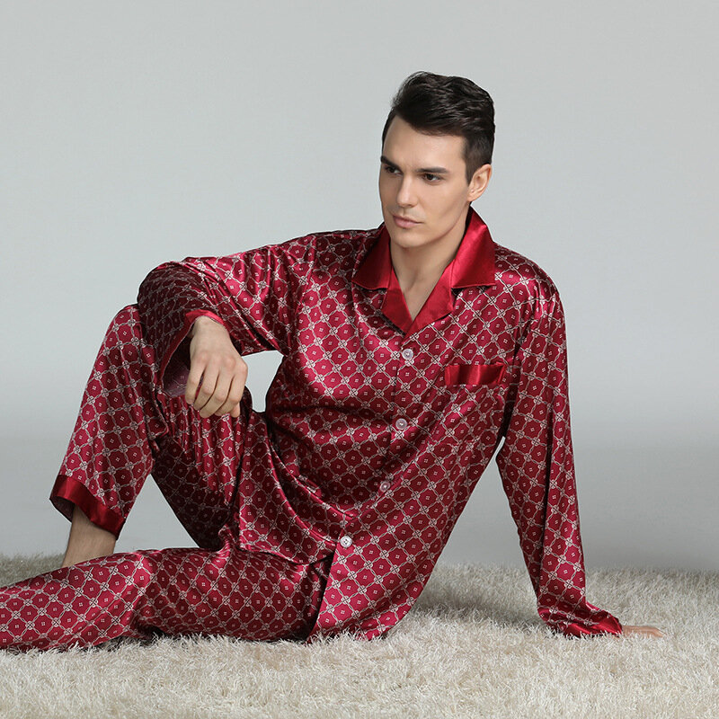 Conjunto de pijamas de manga comprida masculino, pijamas masculinos estampados em cetim, calças casuais, roupas de casa, primavera verão