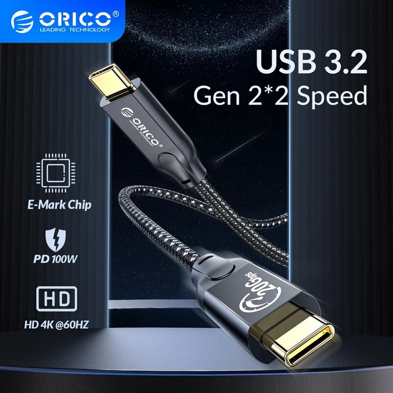 ORICO สาย USB C 20Gbps PD100W สายชาร์จเร็ว USB3.2 Gen 2 HD 4K @ 60Hz วีดีโอถักด้วย E-Mark สำหรับแล็ปท็อป MacBook