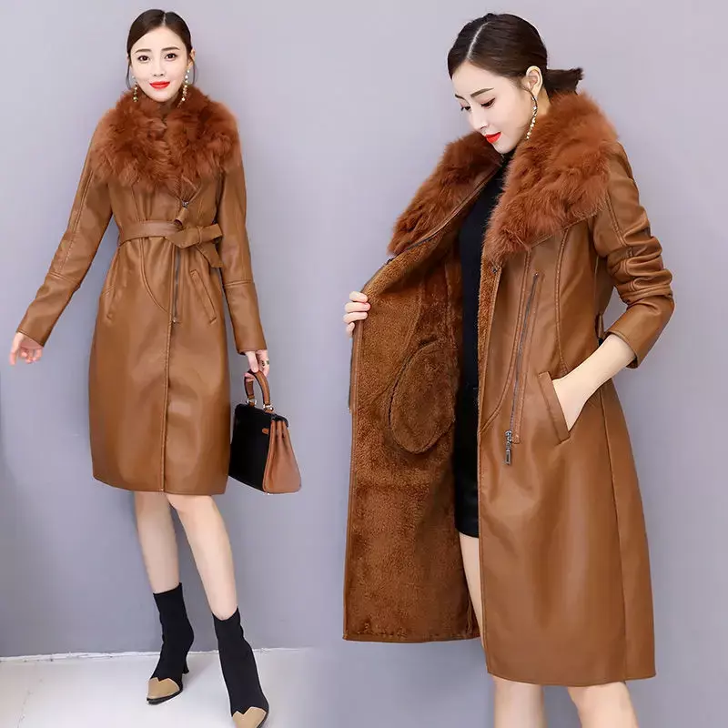 Женское пальто из искусственной кожи с меховым воротником, Осень-зима 2023, однотонная приталенная куртка средней длины с регулируемой талией, модные женские пальто