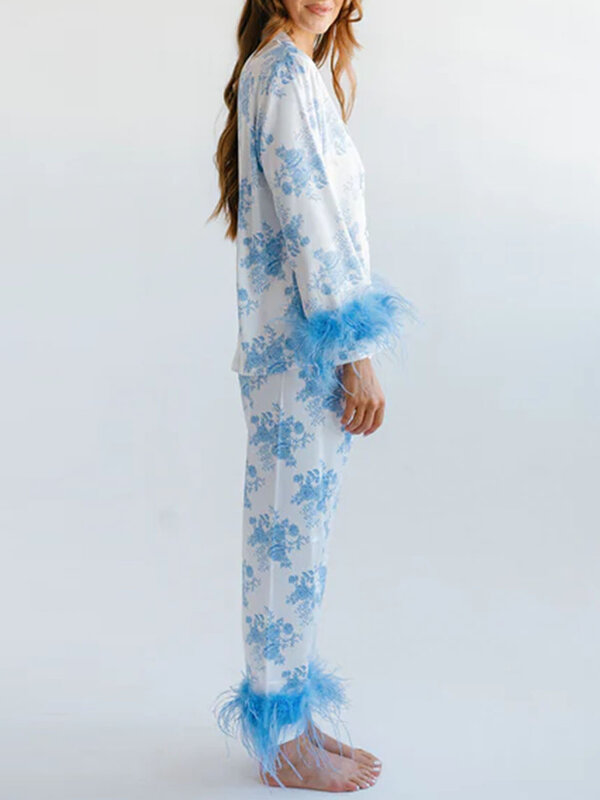 Botão de manga comprida feminino camisa top e calças, conjunto de pijama floral, conjuntos lounge de penas, pijamas, 2 peças