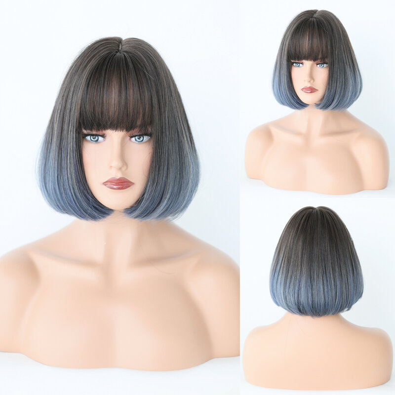 30CM Short Bob Omber 2Color Brown & Blue Gradient Color Cosplay Hair Wig for Halloween Christmas Anime Wigs