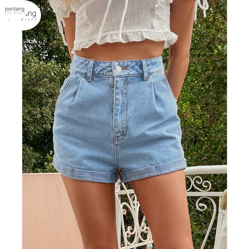 PERITANG Solid High Waisted Straight Jean Shorts Women 2024 Summer Casual Streetwear Ladies Pocket Rolled Hem Denim Shorts