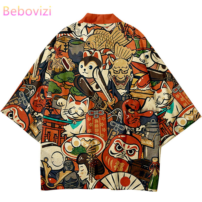 Уличная одежда, кардиган, рубашка с принтом демона, самурайского кота, традиционное кимоно хаори для женщин и мужчин, Харадзюку, японский Пляжный топ, юката