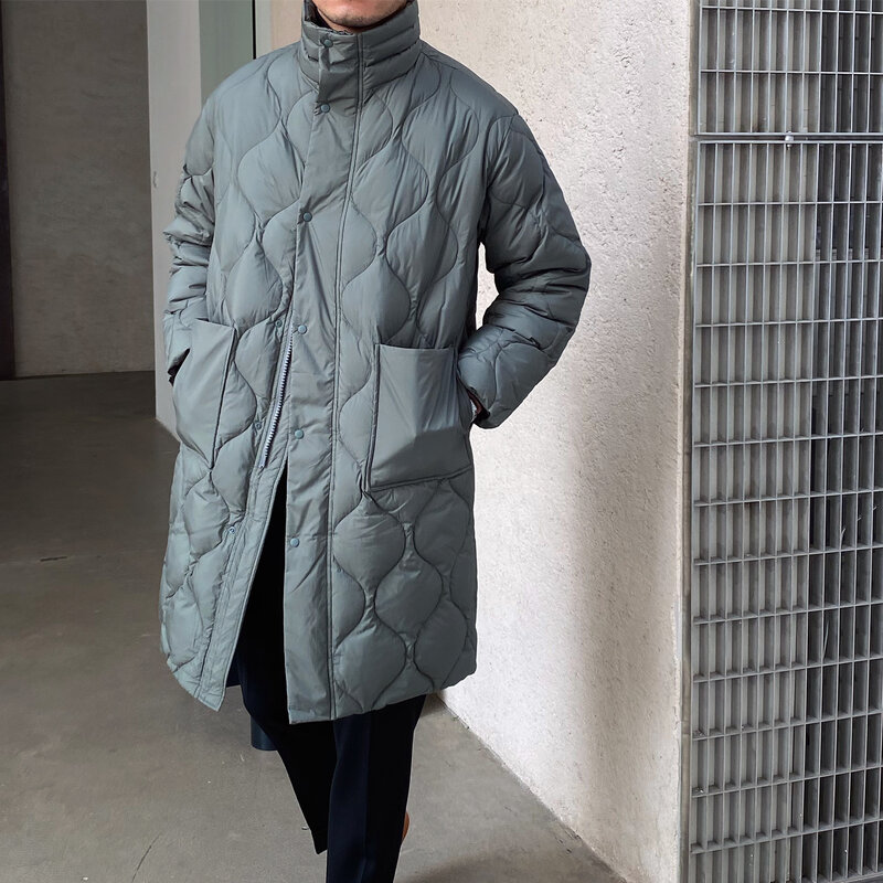 Men's Down Parka Long Regular Fit Stand Collar Diamond Pattern Korean Stylish Style Winter Warm Jacket