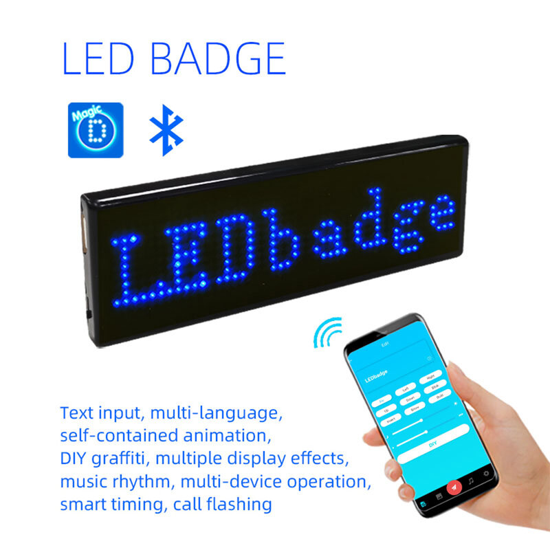 Bluetooth led nome emblema diy placa de mensagem de rolagem programável multi-idioma mini led tag padrão de exibição para reunião de festa