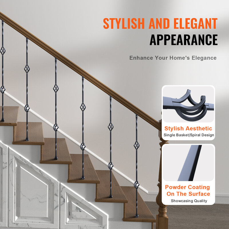 VEVOR Staircase Metal Balusters Galvanized Steel Decorative Banister Spindles with Hollow Baskets Spiral Stair with Shoes Screws