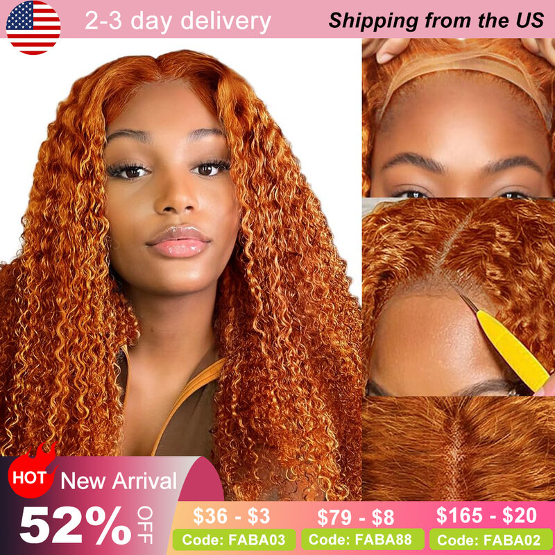 Glueless Ginger Orange Curly Human Hair Wig 133 Ginger Deep Wave Lace Front Wig Glueless Human Hair With Baby Hair 180% Density