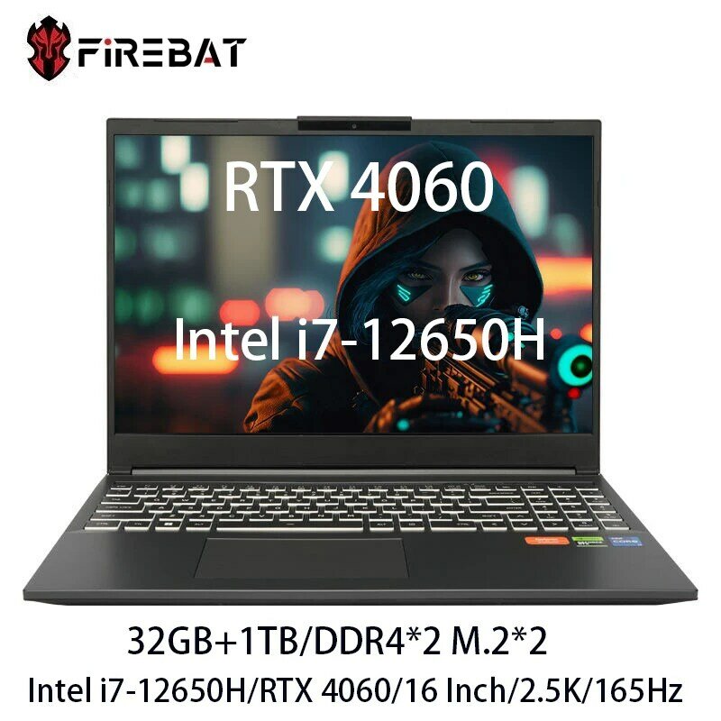 FIREBAT 게이밍 노트북, 인텔 i7-12650H, RTX 4060, DDR4, 32G RAM, M.2, 1TB SSD, 165Hz, 2.5K, Wifi6, BT5.1, T6A, 16 인치