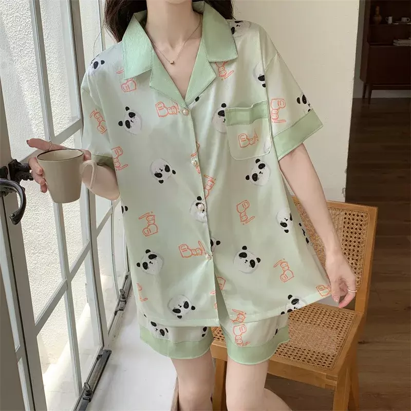 Conjuntos de pijamas com estampa panda feminino, seda sintética, cetim, botões pijamas, manga curta, homewear, verão, 2 peças