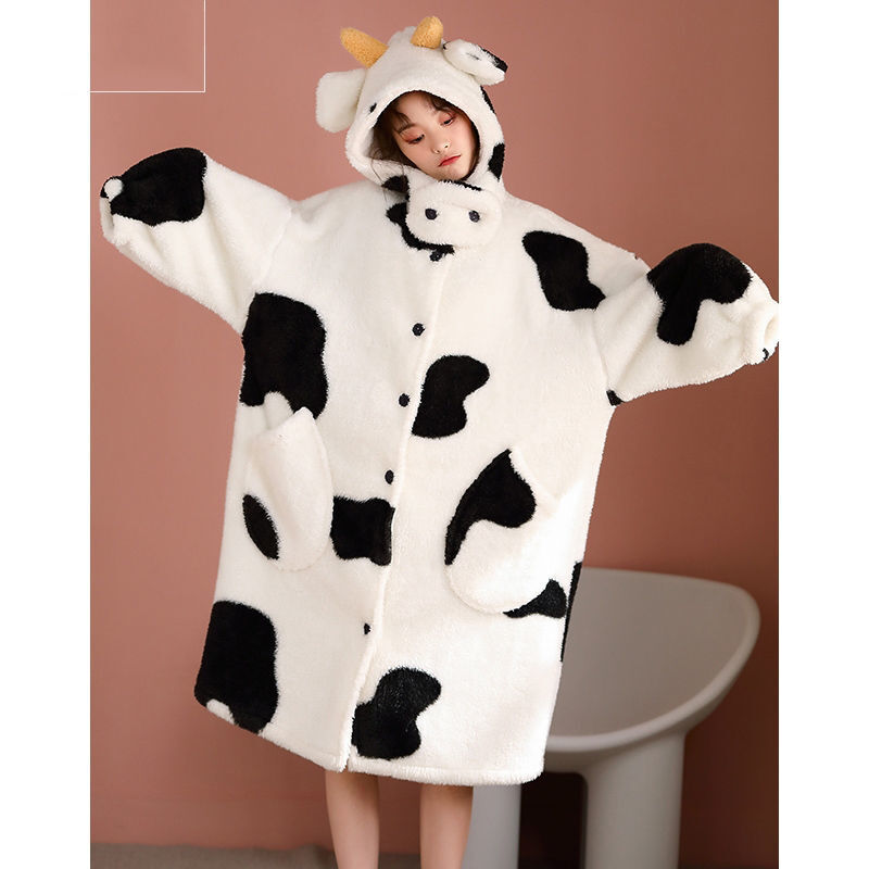 Damska bielizna nocna gruba koszula nocna z kapturem Kawaii zimowa flanelowa dziewczęca polarowa piżama kobieca kreskówkowa krowa ubrania domowe