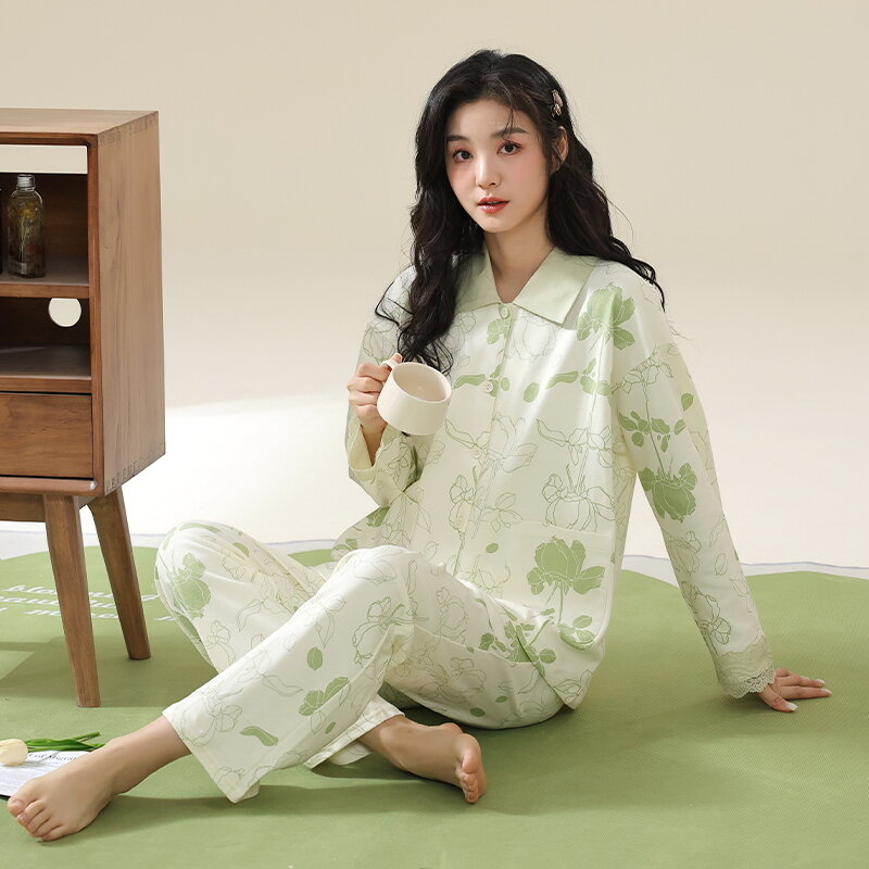 Hoge Kwaliteit Lente En Herfst Dames Pyjama Set 100% Cotoon Pyjama Dames Turn-Down Kraag Lange Mouw Bloemen Homewear