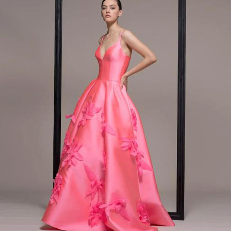 Träger V-Ausschnitt Satin Kleid hellrosa Frauen Kleidung boden lange Abendkleider Applikation Blumen Frauen Kleider CustomMadeCL-425