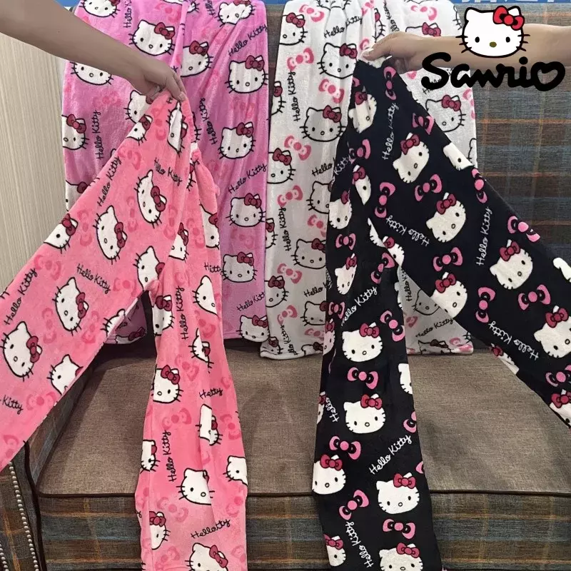 Фланелевая пижама Hello Kitty утепленные флисовые Теплые повседневные домашние брюки женские осенне-зимние Мультяшные брюки в стиле хип-хоп