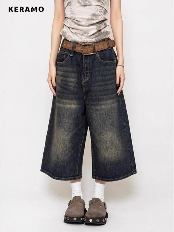 Повседневные мешковатые джинсовые шорты Y2K с широкими штанинами 1920-х годов, женские винтажные шорты в стиле Хай-стрит в стиле ретро, женские модные трапециевидные шорты с высокой талией