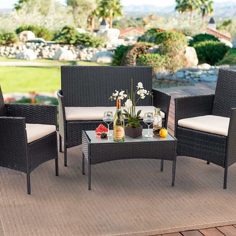PE Rattan Wicker Bench com almofadas macias e mesa de chá de vidro, mesas ao ar livre, jardim e varanda, 3 pcs