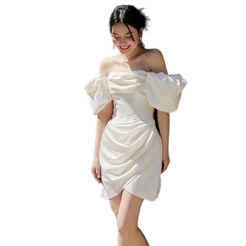 パフスリーブ,快適なサテンのエレガントなVネックドレス,短いウェディングドレス