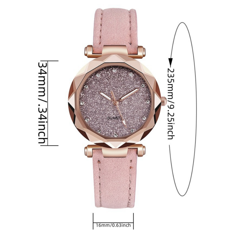 Wajah bulat berlian imitasi bintang langit Perak Pink wanita untuk jam tangan rekreasi mode tren Frosted sabuk Vintage hitam kuarsa jam tangan