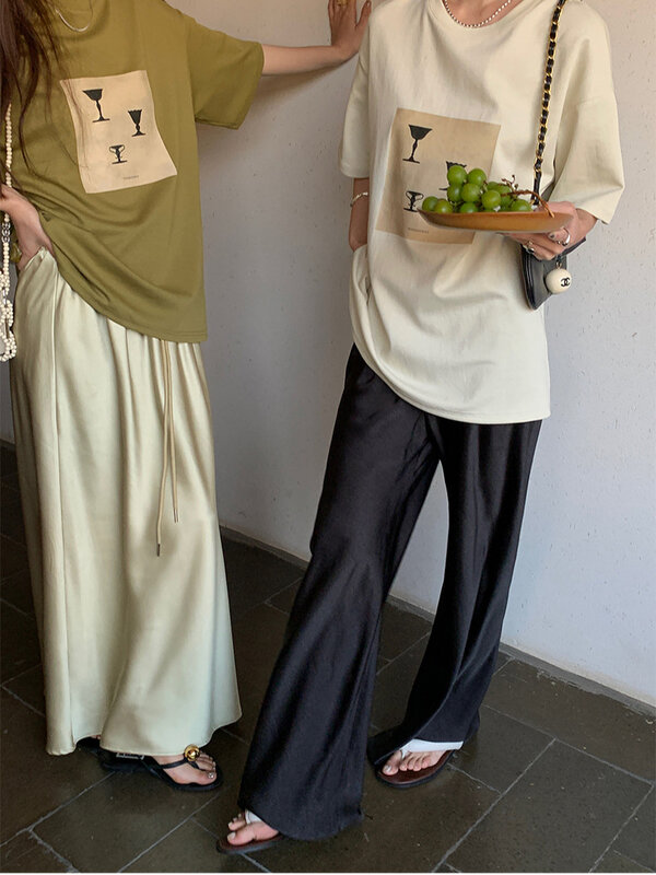 CHEERART-pantalones de satén para mujer, pantalón informal de pierna ancha, color Beige, negro y azul, moda coreana, verano, 2023