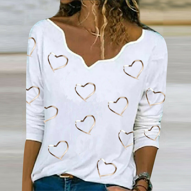 Kobiety z długim rękawem nadruk w kształcie serca bluzka kobiety eleganckie asymetryczne serduszka z dekoltem t-shirt jesienne bluzki damskie