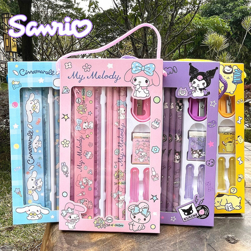 Sanrio Set alat tulis penggaris penghapus pensil Kawaii My Melody Kuromi Cinnamoroll lukisan perlengkapan sekolah dasar hadiah anak-anak siswa