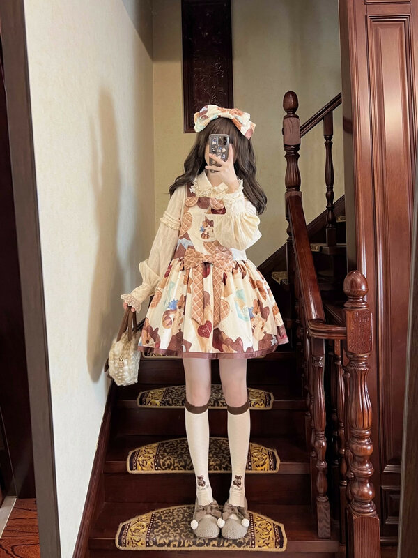 Sweet Lolita Jsk Sling Dress Muffin Cat Print Lolita Dress High Waist Strap Dress Cute Soft Girl Dress