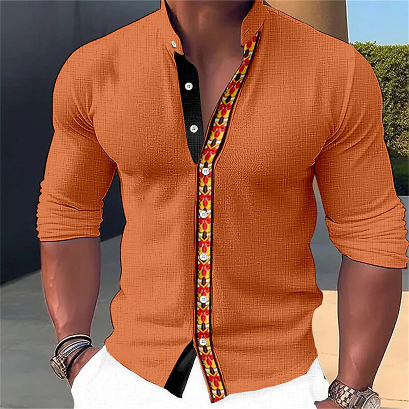 2024 neue Herren Retro böhmischen Stil 3d gedruckt einfarbiges Hemd für den täglichen Straßen urlaub Stehkragen Langarmhemd