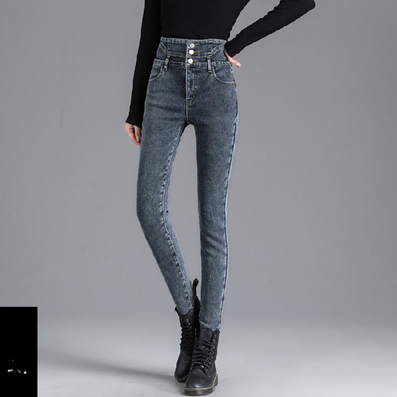 Jeans de veludo grosso feminino, cintura alta, lápis magro, velo quente, elástico fino, calça jeans casual feminina, nova, inverno, 2022