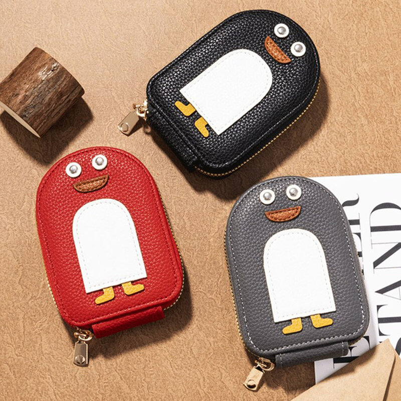 Tarjetero de dibujos animados de pingüino, monedero de PU, Tarjetero con cremallera, funda protectora, cartera