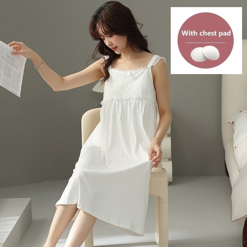 Women Lace Nightgowns With Chest Pads Cotton Night Dress Sexy Spaghetti Strap Casual Home Dress Night Shirt Solid Sleepwear