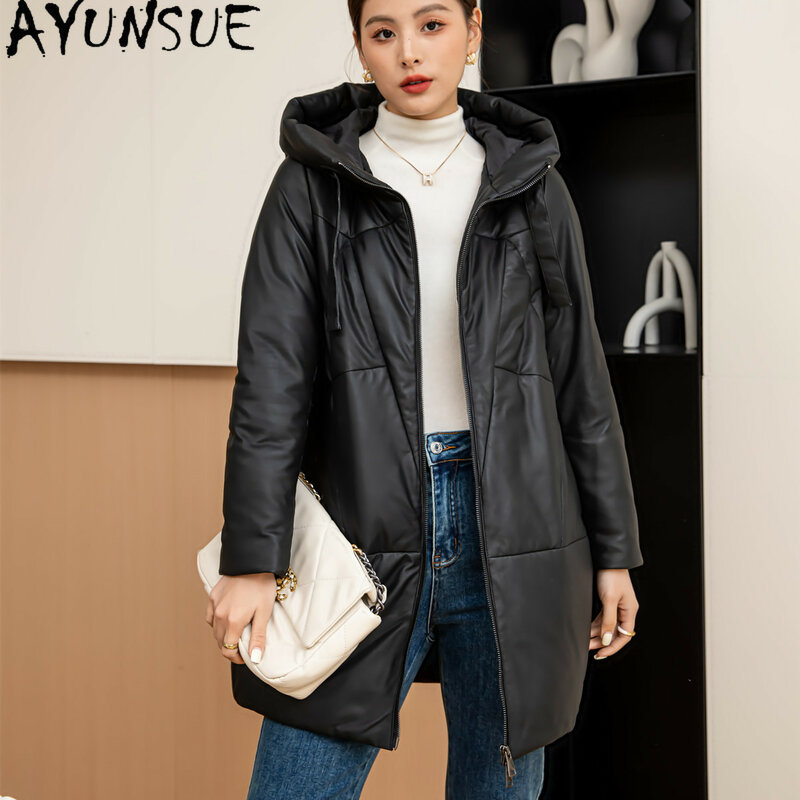 Ayunsue-女性用フード付きレザージャケット,100% 本のシープスキン,白いダックダウンコート,ミドル丈のパーカー,冬,2023