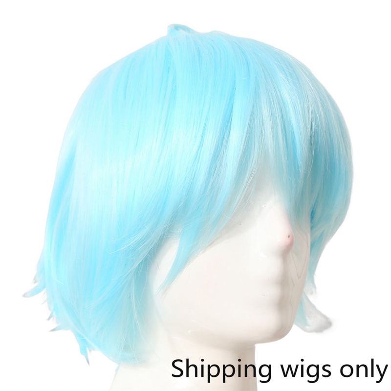 Wig rambut keriting terbalik, Wig pendek permainan Anime, Wig biru langit untuk pesta Cosplay