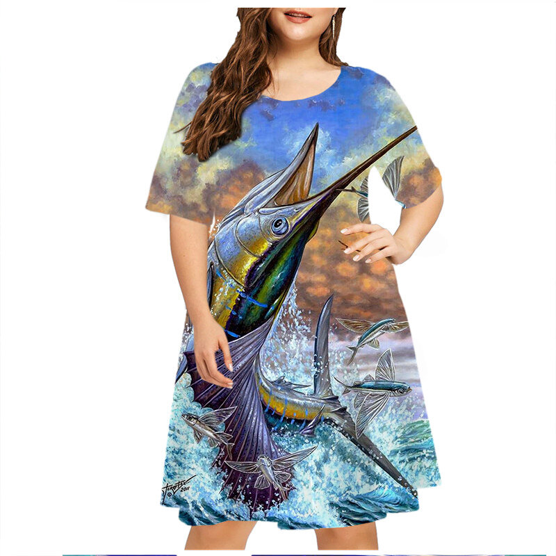 Robe à motif de pêche pour femmes, vêtements grande taille, robe d'été à manches courtes, style plage, robes de soirée décontractées, 2023