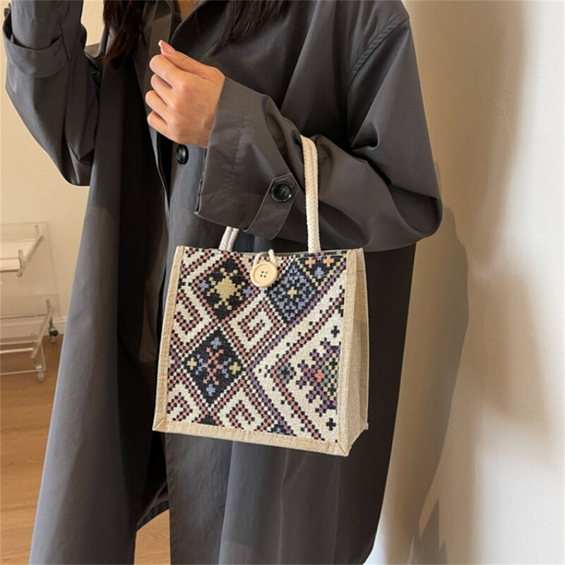 Bolsa de ombro de lona de grande capacidade para mulheres, sacolas casuais retrô, bolsas de mão estilo étnico, bolsa estudantil japonesa