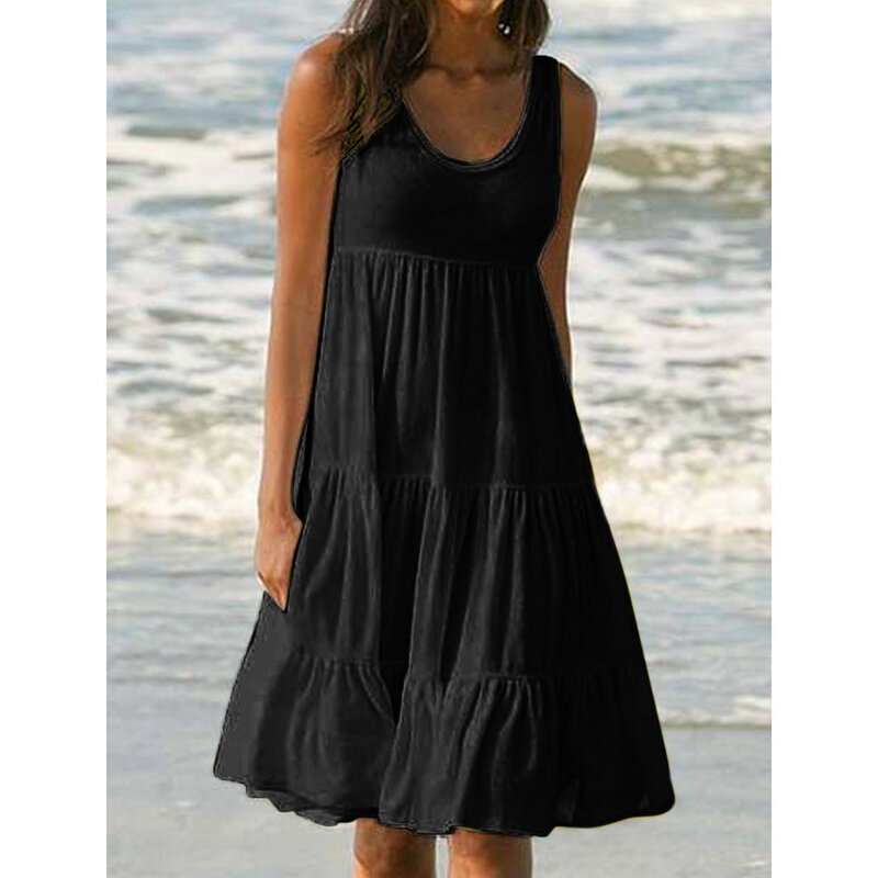 فستان شاطئ نسائي فضفاض أحادي اللون بدون أكمام ، عطلة ، تانك ، صيف ، جديد ، صوفي