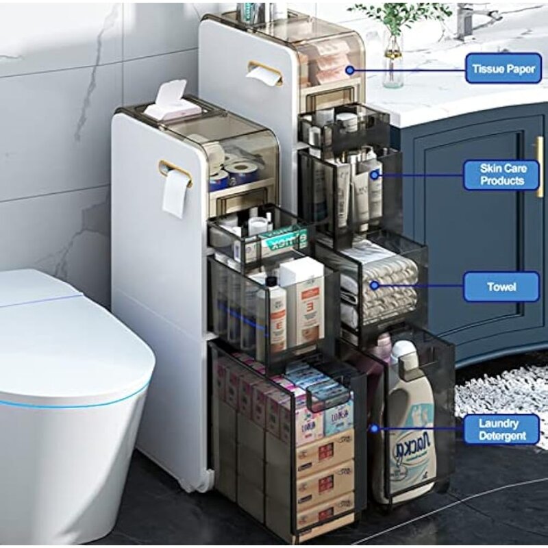 WEAFIEO-armario de almacenamiento de 4 niveles para suelo de baño, organizador de toallas móvil estrecho y alto, unidad rodante independiente lateral