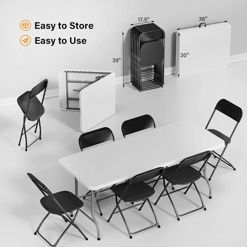 6 FT Plastic Folding Table Set with 6/8 Black Folding Chairs for Picnic, Event, Training, Outdoor Activities, at Home