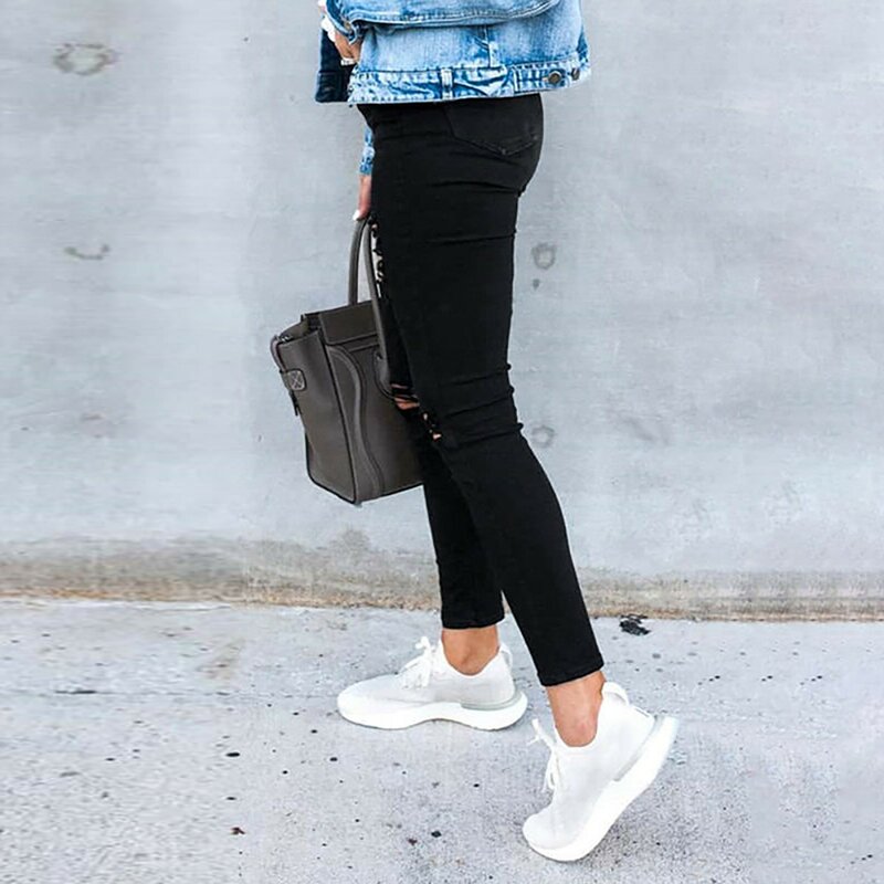 Zwart Elastisch Hoge Taille Afslankende Pasvorm Holle Gescheurde Jeans Kokerbroek Casual Mode Denim Broek Voor Dames