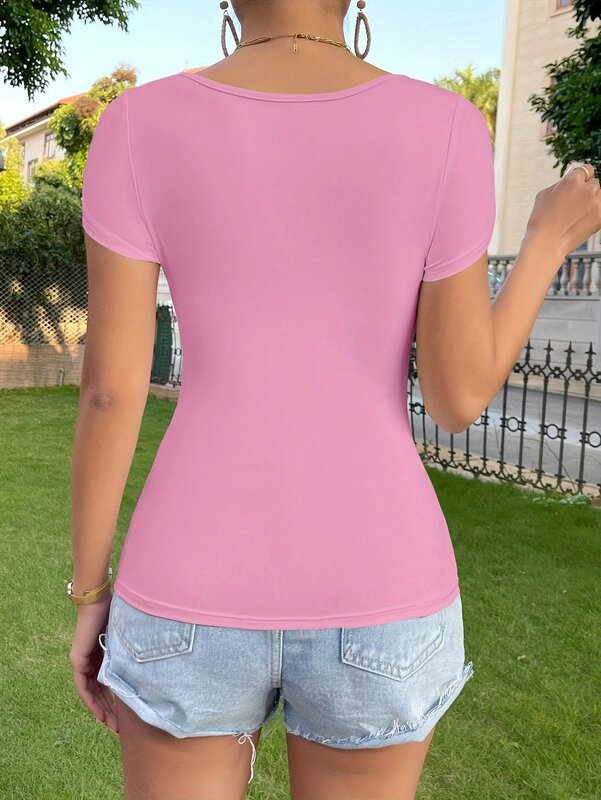 Camiseta feminina simples de cor sólida com decote quadrado, versátil slim fit cintura superior, manga curta, rosa, moda verão