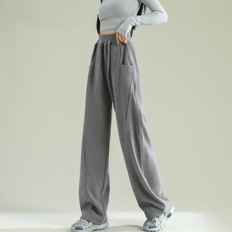 Calça casual monocromática de elasticidade de cintura alta feminina com bolsos em retalhos, solta, esportiva, reta, outono, inverno, 2022