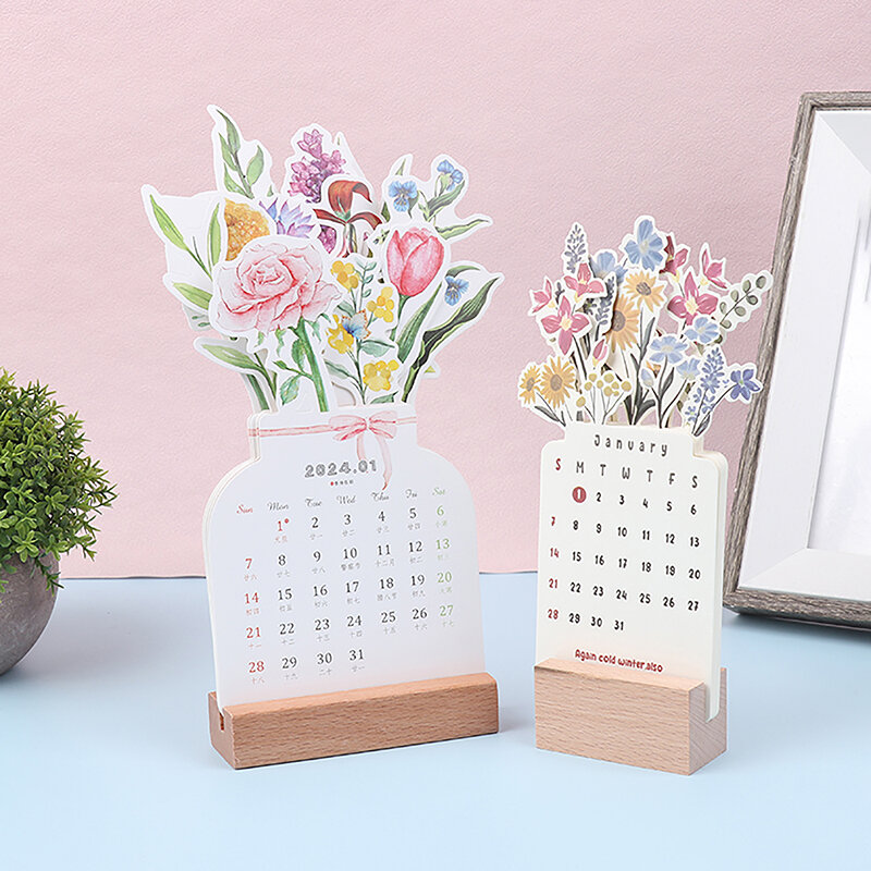 Calendario de escritorio de flores Bloomy, florero impreso, calendario de mesa, artesanías de madera, adornos de decoración del hogar, 2024