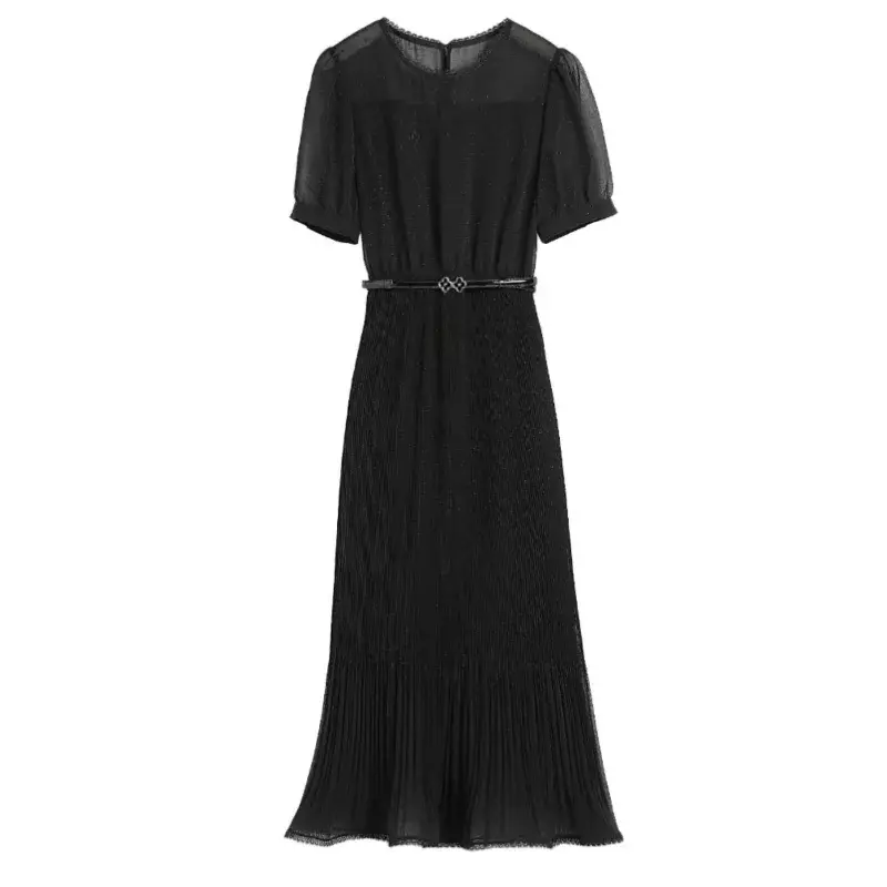 Черные шифоновые платья, женское летнее облегающее платье с поясом, потрясающее длинное платье, строченное Плиссированное офисное платье с коротким рукавом и круглым вырезом