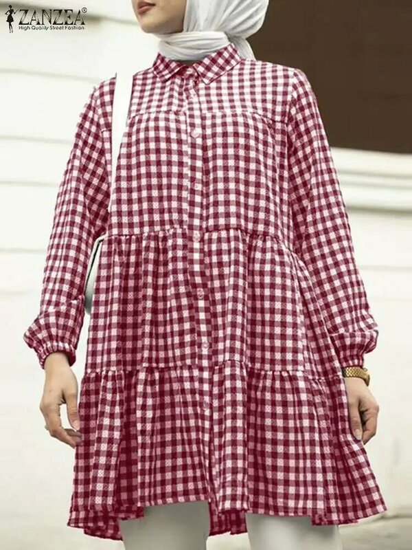 Fashion Lapel Neck Long Sleeve Plaid Checked Blouse ZANZEA Women Vintage Autumn Dubai Muslim Tops Marocain Eid Mubarek Shirt