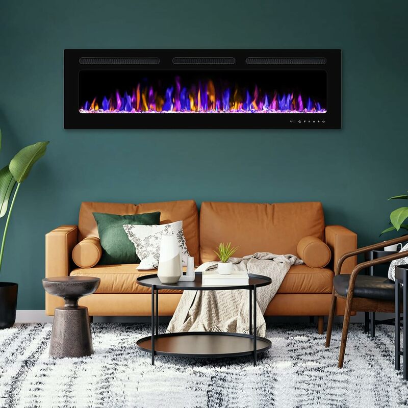 60 Inch Wall Mount Electric Fireplace, 750/1500W Thin Wall Fireplace Heater with Timer to Adjust Flame Color and Brightness