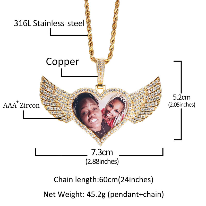 Uwin – collier avec pendentif Photo personnalisé pour hommes, pendentif en forme de cœur avec ailes, breloque HipHop Bling, bijoux glacés, chaîne de Tennis, cadeau