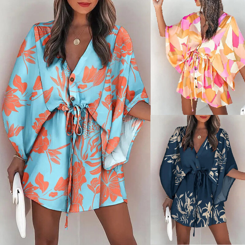 Mini robe bohème à imprimé floral, chemise sexy, col en v, décontractée, tenue de plage, de soirée, de vacances, courte, été