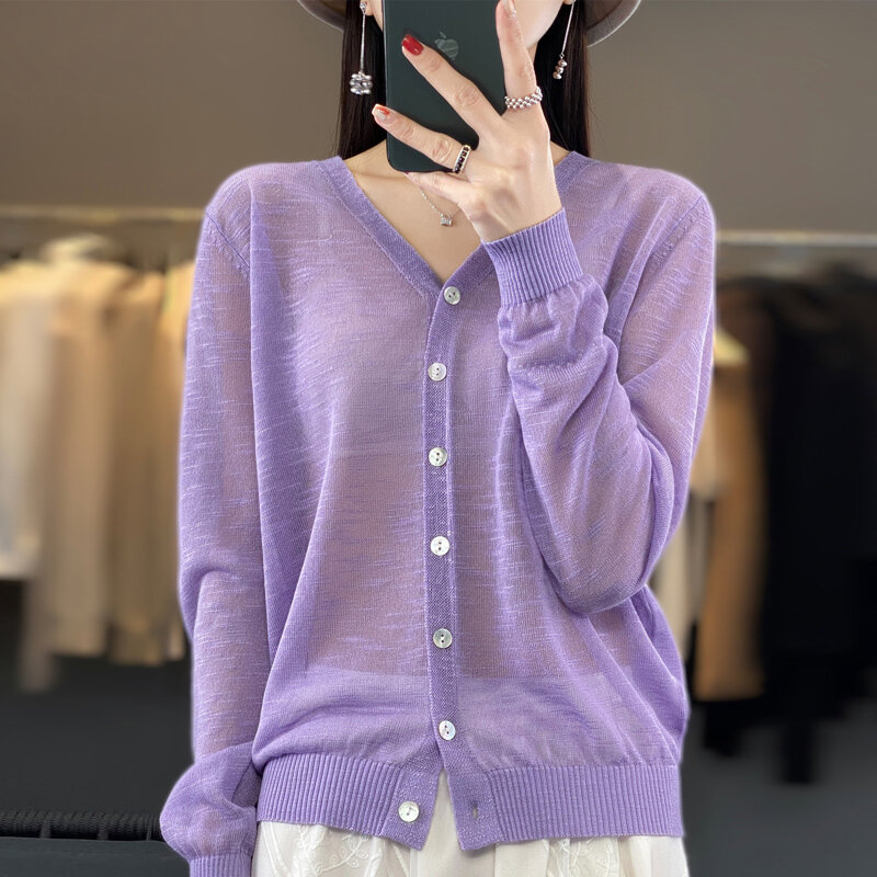 2024 Spring/Summer Beautiful and Elegant V-neck Knitted Spring/Summer Women's Sunscreen Cardigan Autumn Loose Versatile Top