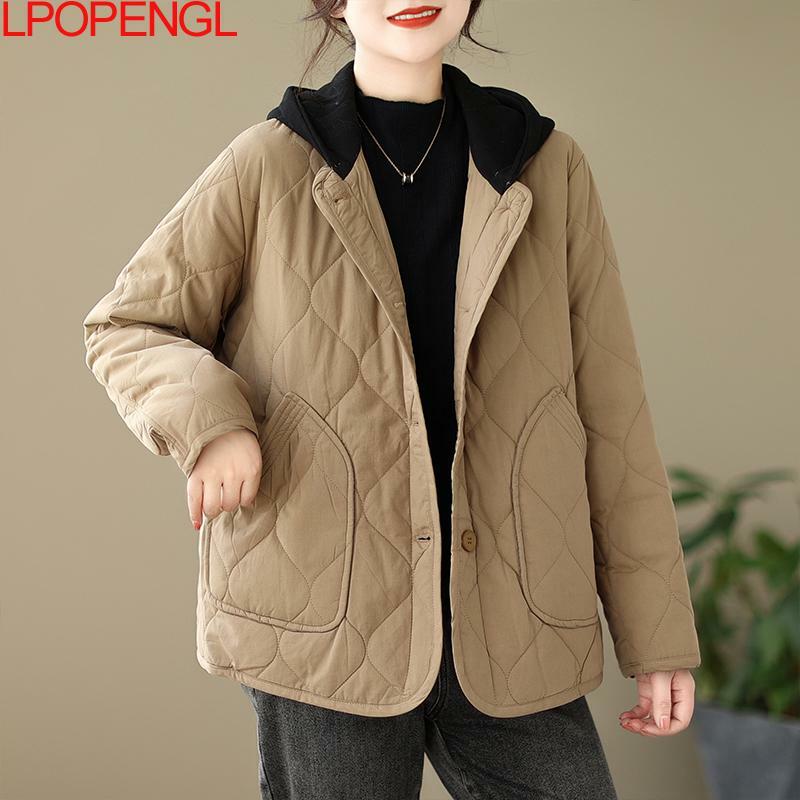 Vintage Cotton Jacket Women's Winter Warm Long Sleeve Solid Color Diamond Single Breasted Hooded Streetwear Wide-waisted Coat